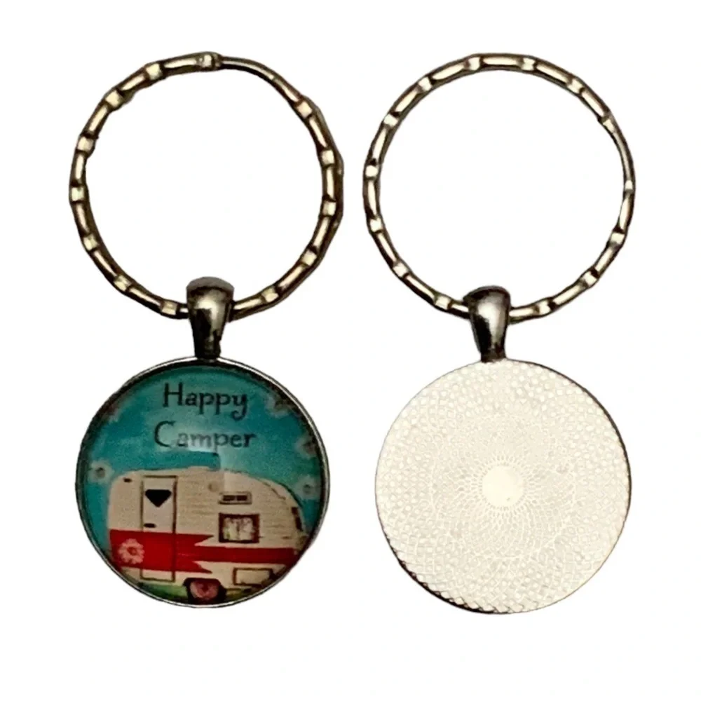 Happy Camper Keyring Fob Round Pendant Keepsake Gift Charm and Black Gift Pouch
